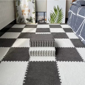 Thickened Plush Interlocking EVA Foam Floor Mat Fluffy Square Tiles with 16 Edgings Soft Anti-Slip Play Mat