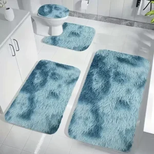 Tie Dye Long Pile Silk Wool Plush Shaggy Toilet Rug Three Piece Set Non Slip Water Absorbent Nordic Style Bathroom Mat