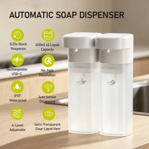 Touchless 450ml x 2 Inductive Liquid and Foam Soap Dispenser, IPX7, Automatic, Type-C, Kitchen Use