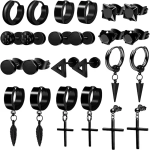 Trendy Black Stainless Steel Cross Dumbbell Earrings Set Hypoallergenic Unisex Non tarnish Ear Studs Clip Jewelry