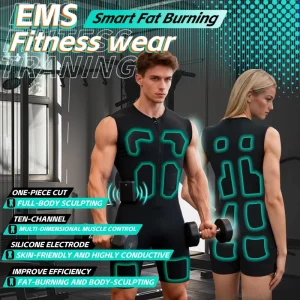 Two-Piece Unisex Smart Workout Suit with 10 Channels, 22 Silicone Electrodes, 2000mAh Battery, and App Control