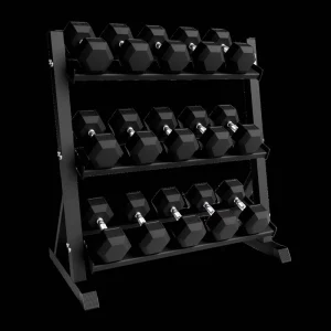 Used 100-Pound Rubber-Coated Hex Dumbbell Set with Rack