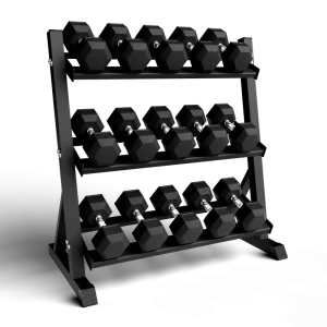 Used 100 lb Rubber-Coated Hex Dumbbell Set with Rack