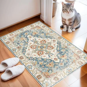 Vintage Farmhouse Style 2×3 Washable Non-Slip Entryway Mat for Hallway and Kitchen Orange and Blue