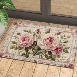 Vintage Pink Rose Print Doormat Shabby Chic Floral Non-Slip Front Door