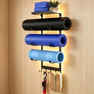 Wall-Mount Yoga Mat Holder and Storage Rack with Hooks for Foam Roller and Bands