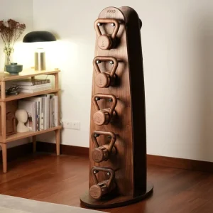 Walnut Wooden Kettlebell Set with Vertical Storage Rack for Home Gym, Hotel or Fitness Studio