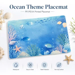 Watercolor Underwater Ocean Fish Coral Starfish Print PP PEVA Placemat Waterproof Easy Clean Nautical Kids Table Decor Mat