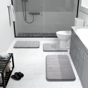 Wave Embossed Bath Mat Geometric Pattern Memory Foam Non-Slip Quick-Dry Bathroom Floor Mat