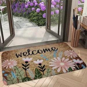 Welcome Doormat Pink Daisy Botanical Print Non-Slip Front Door