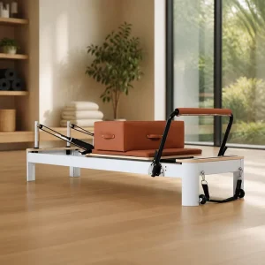 White Aluminium Pilates Reformer with Sitting Box Extender and Double Loop Straps for Studio and Personal Use