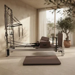 White Aluminum Half-Trapeze Pilates Reformer Tower with Mat Conversion and Sitting Box