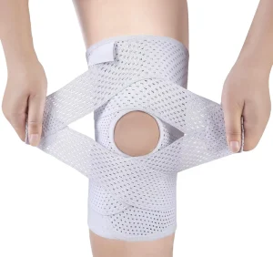 White Knee Brace with Air Mesh Fabric, Adjustable Side Stabilizers, and Compression Support