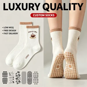 Women’s Anti-Slip Grip Crew Socks for Yoga, Pilates, Ballet, and Sports with Print and Embroidery