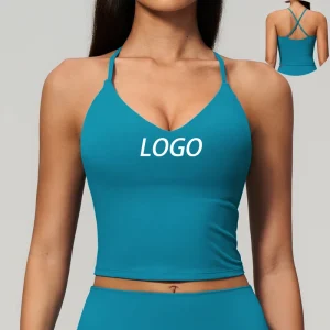 Women’s V-Neck Criss-Cross-Back Crop Tank Top Spaghetti Straps Built-In Bra Backless Athletic Yoga Fitness Top