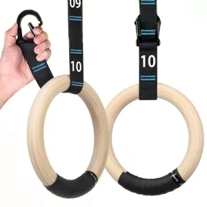 Wooden Gymnastic Rings, 28/32 mm, with Adjustable Straps