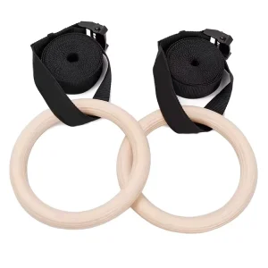 Wooden Gymnastic Rings with Nylon Straps for Home Gym Strength Training