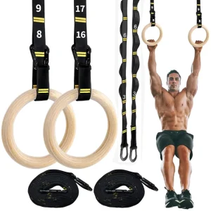 Wooden Gymnastics Fitness Rings Set with Adjustable Numbered Straps for Pull-up Workout