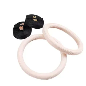 Wooden Gymnastics Rings Set with Numbered Straps and Wall Mount