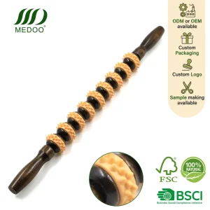 Wooden Massage Roller Stick with Beech Wood Handle and TPR Massage Wheels for Foot and Back Massage