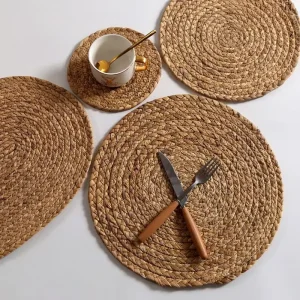Woven Water Hyacinth Straw Round Placemat and Coaster, Braided Insulation Pad