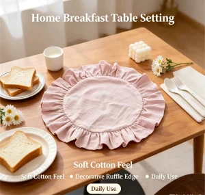 Wrinkle-Resistant Korean-Style Cotton/Polyester Placemat with Ruffled Trim, Customizable for Weddings and Home Use