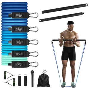 Yoga Exercise Expander with Door Anchor, Training Bar, Stretch Pull Rope, 11-Piece Resistance Tube Band Set