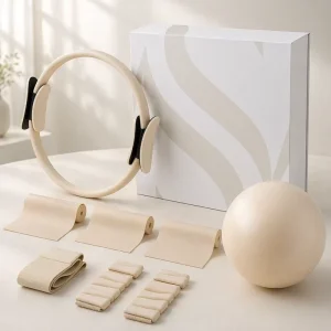 Yoga and Pilates Workout Set with Yoga Ball, Pilates Ring, Stretch Band, and Beige Resistance Band